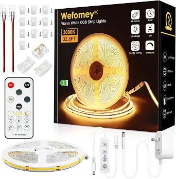 Wefomey 32.8ft COB LED Strip Light 3000K Bright Warm White Dimmable DC 24V