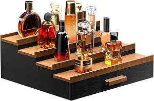 Sephyroth Cologne Organizer for Men 4 Tier of Elevated Cologne Display Shelf with Drawer Storage Perfume Organization and Storage Display Risers,Great Gift for Man(4Tier-BlackWalnut)
