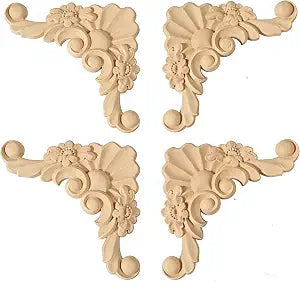 4Pcs Decorative Wood Carved Applique Corner Onlay 9.5x9.5cm/3.74"x3.74" Decorative Wood Applique DIY Wooden Carved Corner Unpainted Decals Wall Stickers Murals