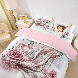 Erosebridal Fashion Luxury Girly Duvet Cover Pink Glitter High Heels Comforter Cover Rose and Perfume Makeup Themed Bedding Set Queen Size for Kids Teen Women,Trendy Aesthetic Floral Bed Set