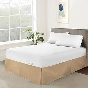 Mellowing Pleated Bed Skirt with Platform Three Sided Coverage 9 inch Tailored Drop Brushed Microfiber Pleated Bed Skirt with Split Corners (Queen,Taupe)