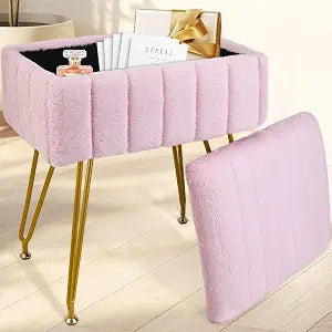 Vanity Stool with Storage, Faux Fur Makeup Stool with Metal Legs, Multifunctional Furry Footrest Ottoman Chair for Living Room Bedroom,Pink