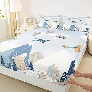 Castle Fairy Aircraft Hot Air Balloon Full Size Fitted Sheet,Hot Air Balloon 3 Pieces Kids Teenager Room Decor Kids Airplane Pocket 2 Pillowcases No Flat Sheet