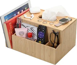 MobileVision Bamboo Tissue Box Holder & Tablet Stand Organizer for Bedroom & Desktop; compartments hold iPad Phones Remote Controls Reading Glasses Notepads & Pens