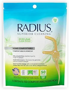 RADIUS EcoClean Floss Picks, Compostable Dental Floss Picks with Built in Toothpick, Silk and Cotton Floss, PFAS Free, Made in USA, Sweet Mint, 50 Count, Pack of 1