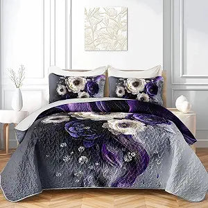 QOOMO Flower Print Kids Quilt Set,Cute Plants Bedding Set Full/Queen Size,Purple Room Decoration Soft and Lightweight for All Seasons,1 Quilt 2 Pillowcases