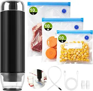 80kPa Compact Vacuum Sealer for Food (Vacuum Sealer Machine + 30 Reusable Vacuum Bags), Powerful Handheld Vacuum Sealer, USB-C Rechargeable Cordless Food Vacuum Sealer for Meal Prep and Food Storage