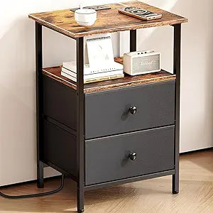 Nightstand with Charging Station, Bedside End Table with 2 Fabric Drawers for Bedroom, Side Table with USB Ports and Outlets (Brown Black)