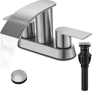 Waterfall Bathroom Sink Faucet 4/8 Inch Brushed Nickel Faucet Bathroom with Pop Up Drain 2 or 3 Holes Bathrooms Basin Lavatory Mixer Tap with Deck Mount Plate