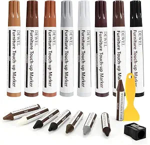 DEWEL Furniture Markers Touch Up, 17 Pcs Wood Scratch Repair Kit, Upgrade Wood Furniture Repair Markers and Wax Sticks for Stains, Scratches, Wood Floors, Tables, Bedposts