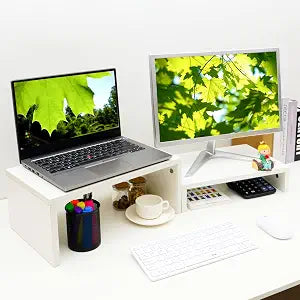 TEAMIX 2-Pack White Monitor & Laptop Stand Riser, High-Low Dual Monitor Set