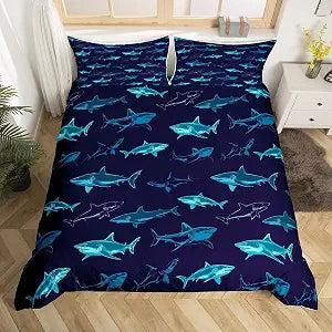Sharks Bedding Set, Large Reef Shark Duvet Cover, Deep Ocean Animal Quilt Cover For Kids Boys Girls, Rodents Wild Marine Life Hawaiian Comforter Cover Child Room D��cor 3Pcs Queen Size Navy Blue