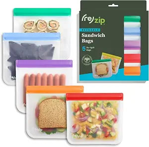 (re) zip Reusable Sandwich Bags, Leakproof, 28 oz, 5-Pack, Jewel Tones