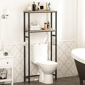 HOOBRO Over the Toilet Storage Cabinet, 2-Tier Bathroom Over the Toilet Storage,Over the Toilet Storage with Adjustable feet & S Hooks, with Toilet Paper Holder,Rustic Brown and Black BG49TS01