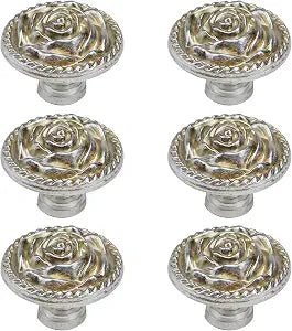 6 Pcs 1.26 Inch Euro Rose Decorative Cabinet Knobs, Silver