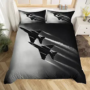 Manfei Airplanes Duvet Cover(No Comforter),Vintage Fighter Plane Military Style Duvet Cover for Teens Adults,Aircraft Photography Black Gray Bedding with 2 Pillowcases