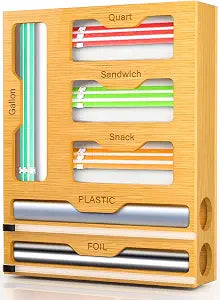 KOCWELL Bag Organizer and Plastic Wrap Dispenser with Cutter, 6 In 1 Bamboo Foil and Plastic Wrap Organizer for Kitchen Drawer, Food Storage Bag Organizer for Gallon,Quart,Sandwich,Snack(Yellow)