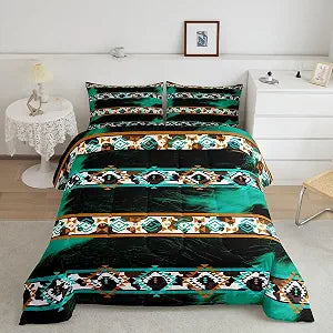 Feelyou Western Aztec Kids Comforter Set Queen Size Cowhide Cow Print Retro Fur Bedding Set Boho Rustic Farmhouse Style Duvet Quilt Bedroom Exotic Geometric Decor Balck Green BlueUltra Soft