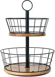 WILDMOS 2 Tier Fruit Bowl - Sturdy Iron Wire Fruit Basket with Real Wood Base, 12 Inch Large Fruit Basket for Kitchen Counter, Anti-Slip Silicone Pads, 2 Tier Fruit and Vegetable Storage Solution