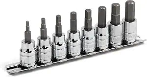 Powerbuilt Hex Bit Socket Set, 8 Piece, 3/8 Inch Drive Metric, Sizes 3-10mm, Ball End Sockets, Storage Rail - 642405, Silver