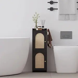 Rattan Bathroom Small Storage Cabinet with 2 Doors & Adjustable Shelf Black