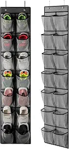 KEEPJOY Over the Door Shoe Organizer, Hanging Shoe Organizer with 4 Hooks,Door Shoe Holder with 14 Mesh Deep Pockets Closet Door Shoe Storage Bag (Grey-2Pack)