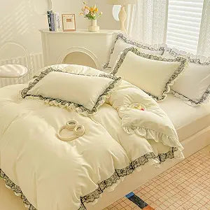 IHOUSTRIY Lace Ruffled Duvet Cover Twin Size, Cute Girls Bedding Set Set with Zipper, 2 Pieces Chic Comforter Cover Set with Black Ruffle - Light Yellow, Twin