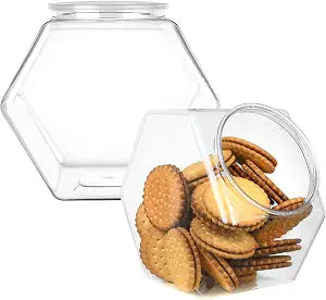 DilaBee 2-Pack Plastic Cookie Jar - 1 Gallon Hexagon Candy Jars with Lids for Candy Buffet, Kitchen & Office - Clear Jars with Lids for Cookies, Candies & Dry Food - Plastic Jar with Labels - BPA-Free