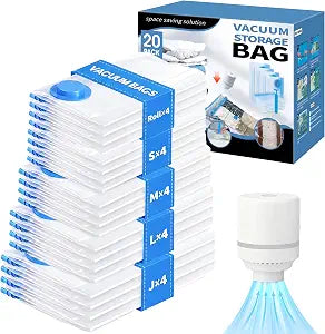 20 Pack Vacuum Storage Bags with Electric Pump, Compression Space Saver Vacuum Seal Bags 4 Jumbo/4 Large/4 Medium/4 Small/4 Roll Up Bags for Clothing Travel Comforters Blankets Pillows Bedding Duvets
