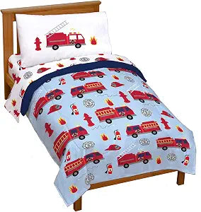 Trend Collector Fire Truck Toddler Size Comforter Set 4 Piece Bedding, Blue