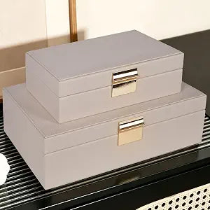 Decorative Storage Box Set of 2, PU Leather Organizer for Home Decor Beige