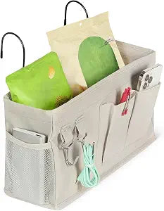 Amazon Basics Bedside Caddy Hanging Storage Organizer for Phone and Bedside Essentials, 4.72 x 14.57 x 7.87 in, Dark Grey Linen