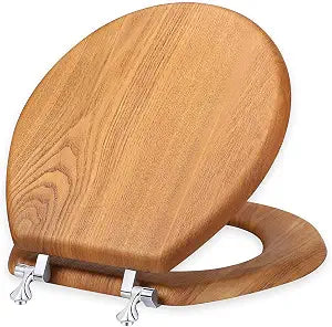 Wood Toilet Seat Round, Wooden Round American Standard Toilet Seat with Durability Metal Chrome Hinges, Natural Wood Veneer Oak Cover