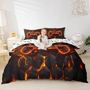 Gaming Gamepad Kids Duvet Cover Set Queen Size,Modern Video Games Controller Bedding Set,Boys Men Room Decor,Neon Geomotric Honeycomb Hexagon Comforter Cover,Black Orange Quilt Cover,2 Pillowcases