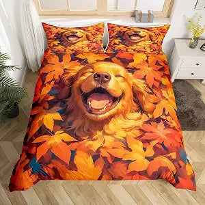 Manfei Cute Puppy King Size Duvet Cover,Fall Maple Leaves Thanksgiving Day Orange Duvet Cover for Adults All Season,Lovely Pet Dog Animal Farmhouse Autumn Bedding Set,No Comforter