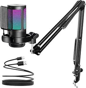 KingSom Gaming USB Microphone,Noise-Canceling Condenser Mic with Boom Arm