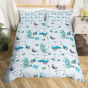 Manfei Golf Duvet Cover Set Queen Size,Golf Club Cart Backpack Bedding Set,Boys Girls Room Decor,Modern Leisure Sports Ball Games Fashion Comforter Cover,Blue Quilt Cover,2 Pillowcases(No Filler)