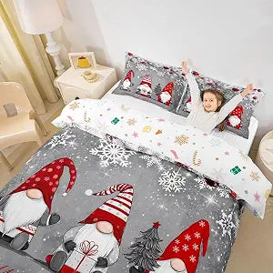 Christmas Gnomes Duvet Cover, Xmas Theme Comforter Cover For Kids Boys Girls Teens Adult, Santa Claus Snowflake Bell Bedding Set Merry Christmas Bedspread Cover With 2 Pillow Cases, Grey, Queen