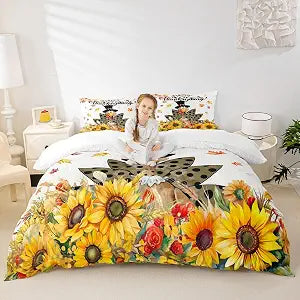 Happy Thanksgiving Kids Duvet Cover Set King Size,Cartoon Turkey Sunflowers Bedding Set,Girls Boys Adults Room/Cabin Decor,Fall Maple Leaves Comforter Cover,Rustic Farm Quilt Cover,2 Pillowcases