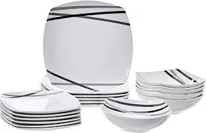 Amazon Basics Square Dinnerware Set for 6, Plates and Bowls for Kitchen, 18-Piece, Dishwasher and Microwave Safe, Modern Beams