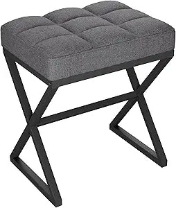 YMYNY Vanity Stool, Linen Footrest, Ottoman Bench with X-Shaped Metal Legs, Makeup Dressing Stool for Vanity, Living Room, Bedroom, Entryway, Hallways 15.74" D11.81" W18.11" H Grey UHBD033G