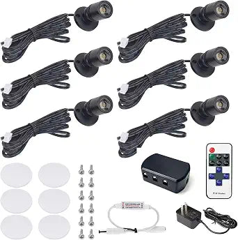 DEDC 6pcs LED Mini Spot Light, 3000K Spotlights with RF Dimmer, Art Picture Lights, Closet Spotlight for Plants Jewelry Showcase Model Display Shelves (Warm White-Remote Control-U.S. Plugs)