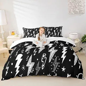 Homewish Lightning Duvet Cover Set Hand Drawn Doodle Lightning Bolt Bedding Set 3pcs for Kids Boys Thunderbolts Comforter Cover Microfiber Bedspread Cover with 2 Pillow Cases(No Comforter) Full Size