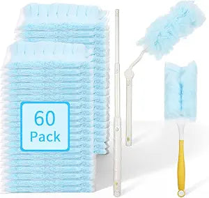 60 Count 360 Duster Refills, Disposable Heavy Duty Duster Refills Kit with 2 Handles, Microfiber Duster Feather Duster Electrostatic Lock-Dust System for Cleaning Furniture, Blinds, Electronics