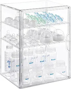 ERTIUANIO Baby Bottle Organizer 3 Tier Bottle Storage Organizer Baby for Nipples, Pump Parts, Food Jars Clear Acrylic Bottle Station Organizer for Countertop and Kitchen, Gifts for New Mom