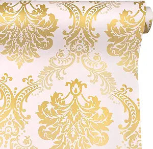 LovingWay 14.7 feet Wallpaper Roll Gold Damask Shelf Liner Self-Adhesive 17.7x177 Inch Drawer Covering PVC Paper Upgrade Old Furnitures Looking
