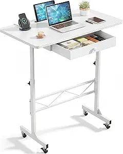 COMHOMA Small Standing Desk with Storage Drawer, Mobile Height Adjustable Rolling Sit Stand Desk with Lockable Wheels 4Level Portable Laptop Desk for Small Space Home Office Treadmill Workstation