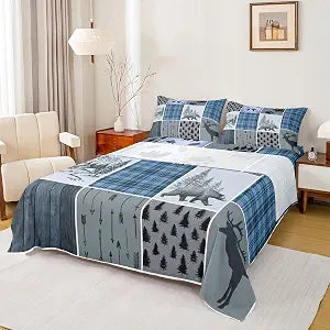 Rustic Farmhouse Sheet Set Queen, Retro Cabin Lodge Fitted Sheet Country Bear Deer Bed Sheets For Kids Teens Adult Men, Hunting Wild Animal Plaid Checkered Flat Sheet 4Pcs With 2 Pillow Cases,Blue