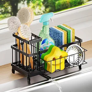 SWTYMIKI Sink Caddy Sponge Holder - Large Sponge Holder for Kitchen Sink with 360Auto-Drain Tray, Rustproof Stainless Steel Kitchen Organizer Caddy for Countertop Organization