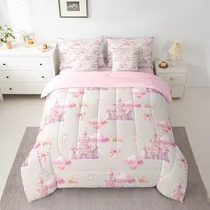 Manfei 7 Pieces Cartoon Castle Comforter Set Queen Size, Pink Clouds Bow Crown Bedding Set, Fairytale Princess Bed in A Bag with Comforter,Sheets and Pillowcases, Kids Girls Women Room Decor, Soft